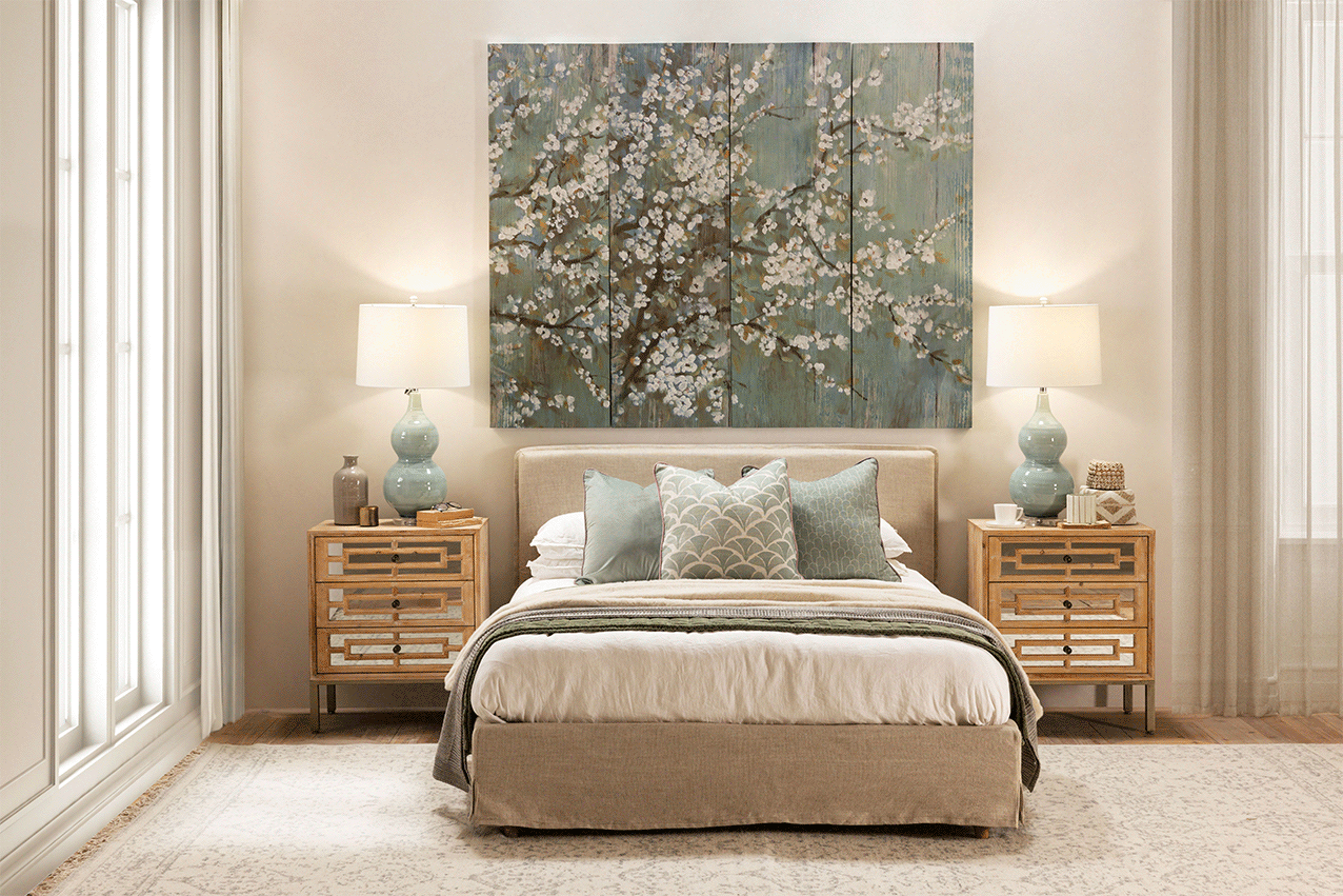 Modern Classic bedroom style with eclectic Asian decor details