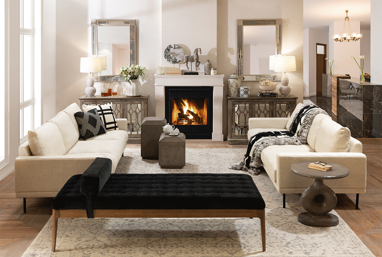 contemporary classic lounge with daybed and fire place