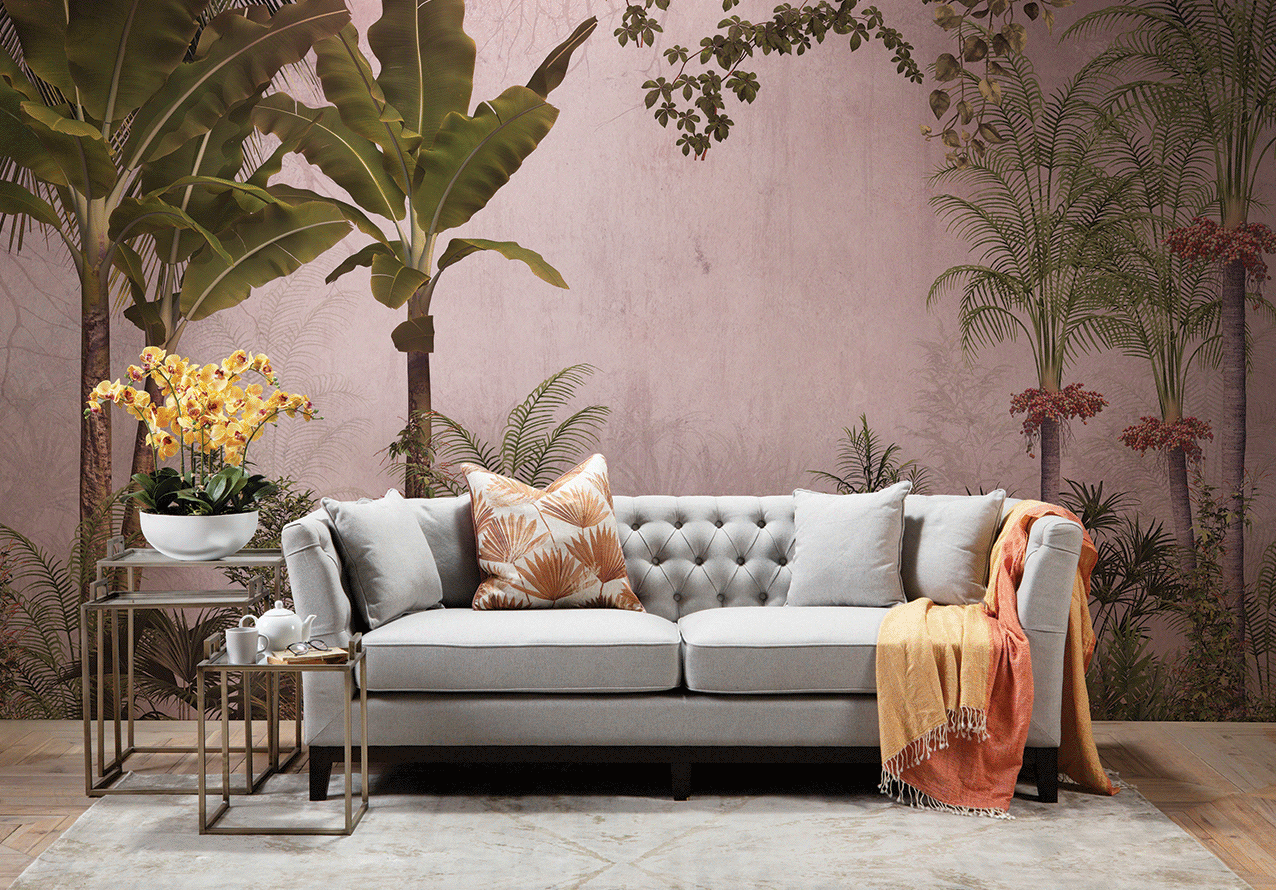 Classic contemporary sofa in bold jungle decor scene
