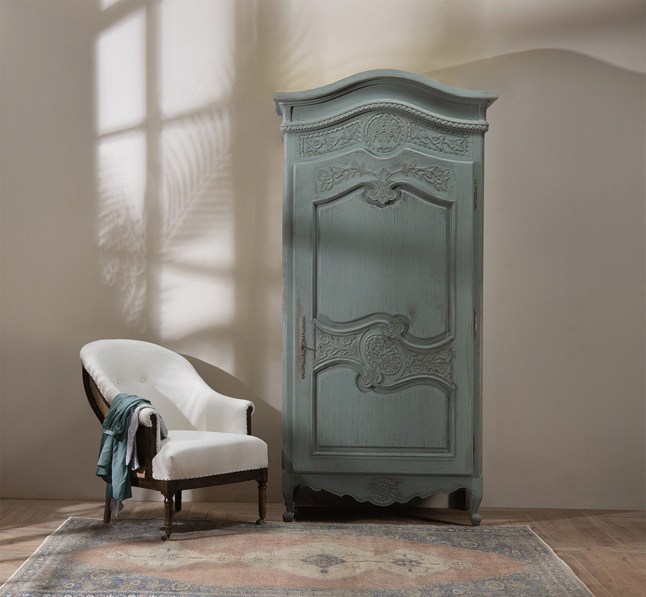 Classic French Wardrobe with single door and ornate hand-carved motif on the front