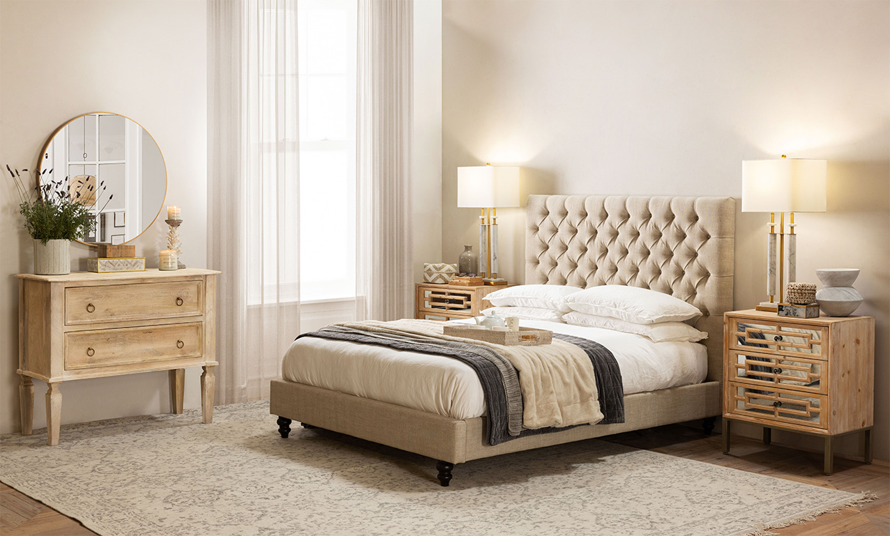 Classic bedroom style with tufted linen headboard 