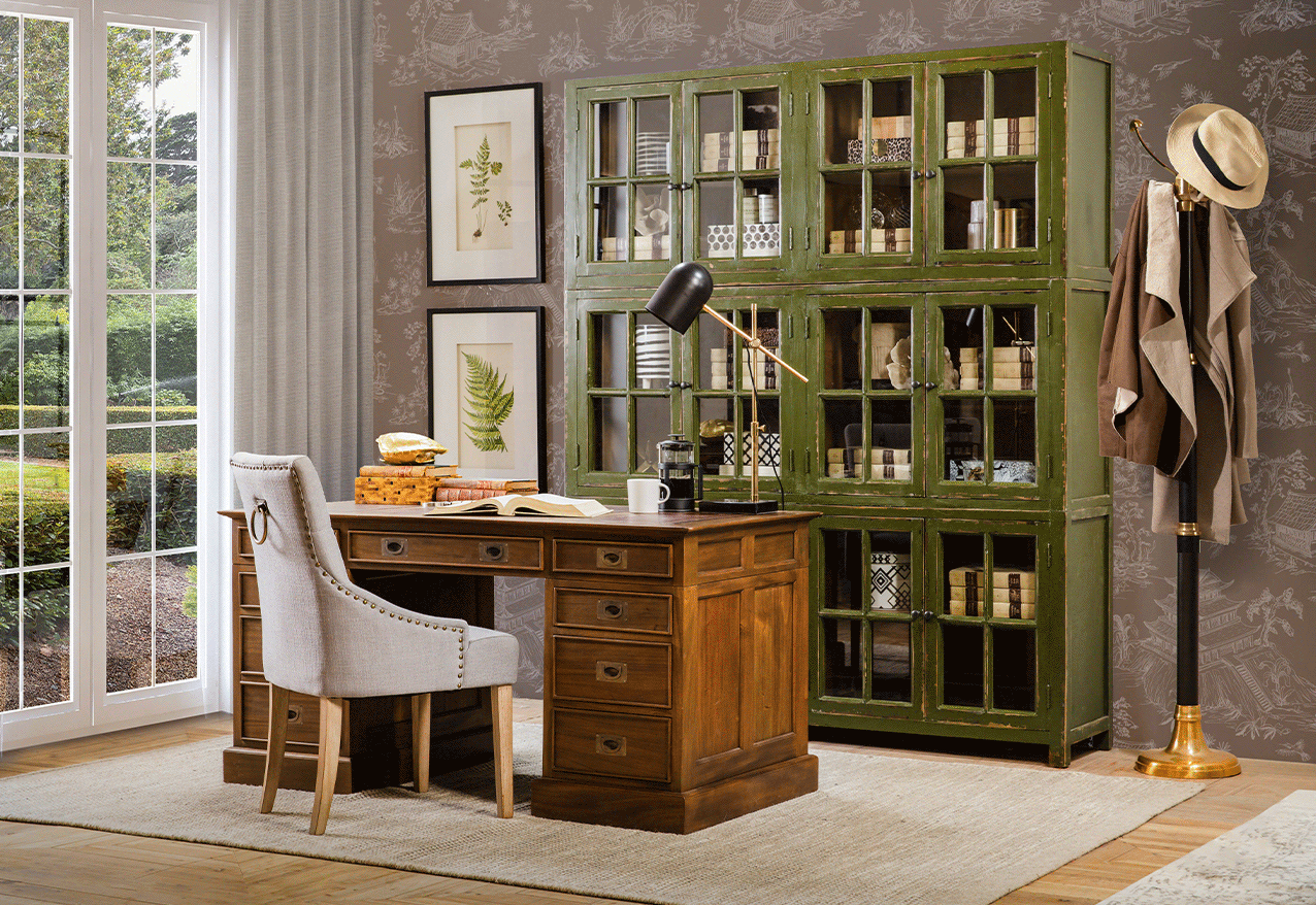 Classic partners desk office with green display cabinet
