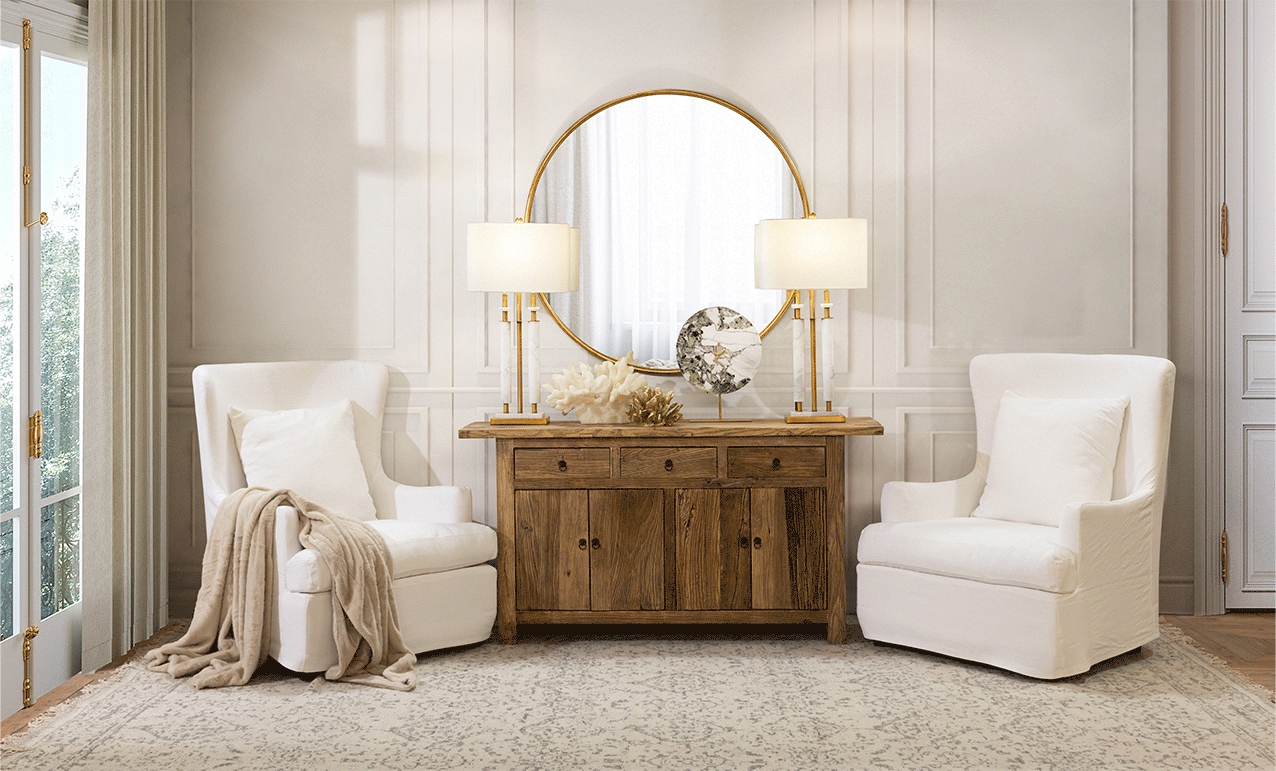 Linen Armchair Living Room with Natural Wood Sideboard
