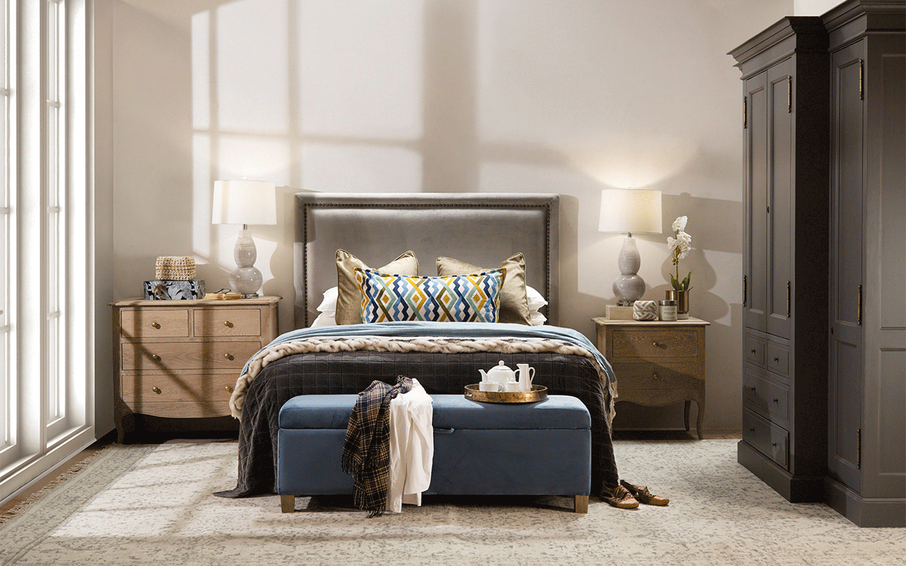Velvet Upholstered Blue bedend bedroom style Shop the Look 