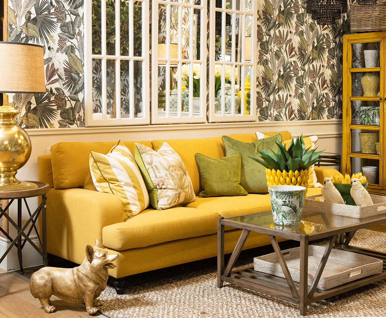 Yellow living room style with yellow sofa and yellow display cabinet 