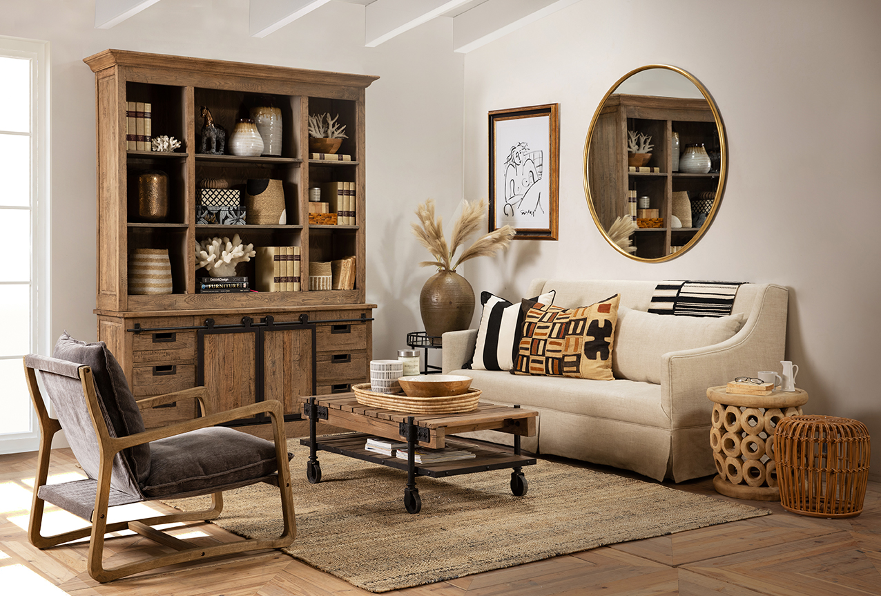 Natural materials living room with natural wood, exposed metal and linen sofa 
