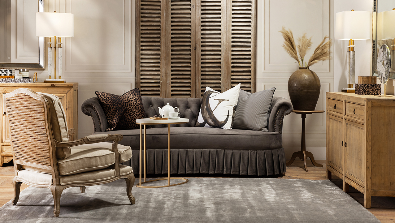 Statement silver velvet sofa in parlour room style living room | Block