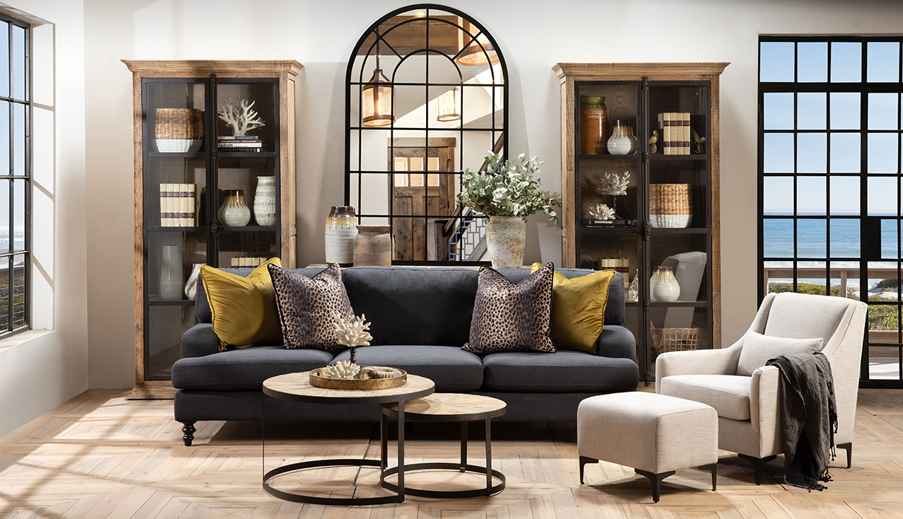 Modern Coastal Living Room with Charcoal Three-Seater Sofa  Sofa Shop the Look