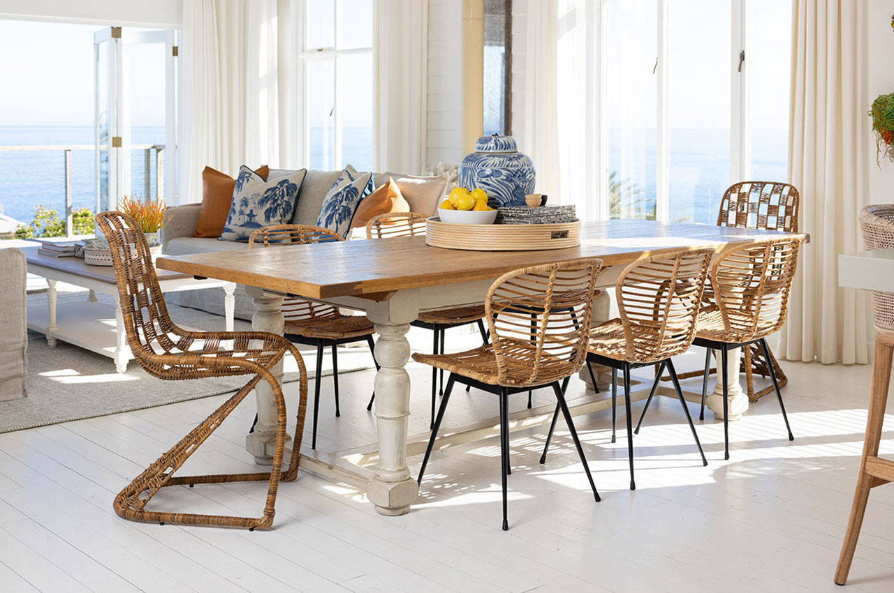 Woven rattan and metal chairs 
