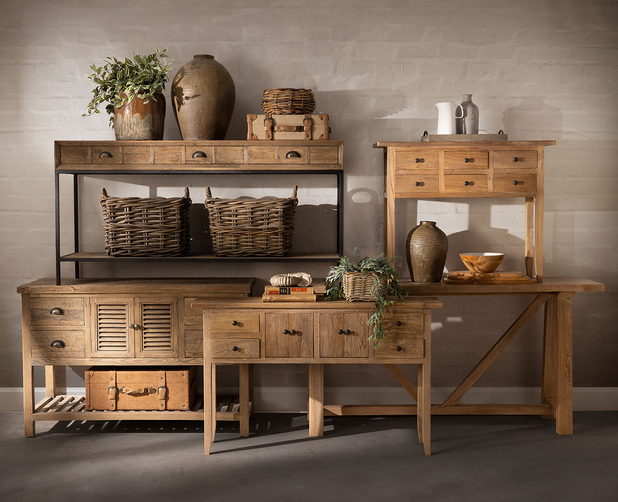 Rustic reclaimed oak wood consoles 