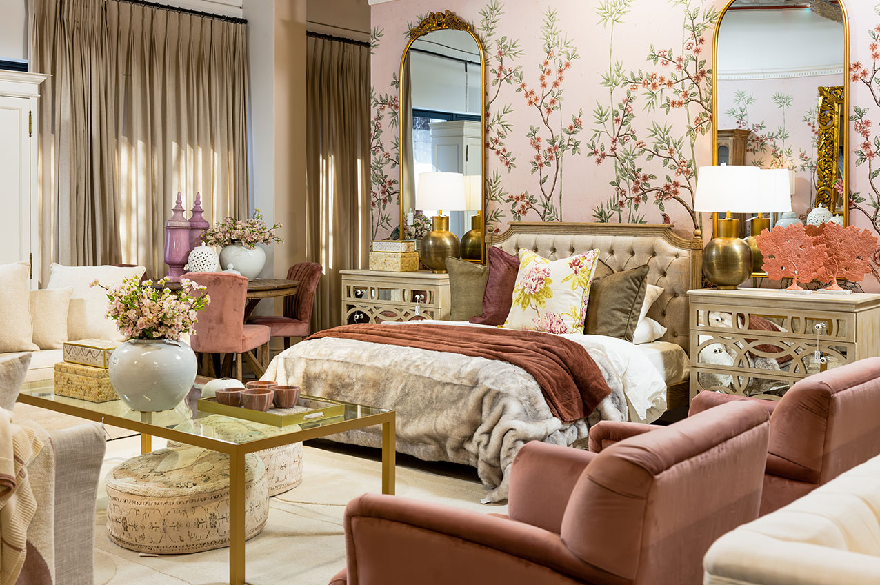 Blush pink velvet opulent bedroom