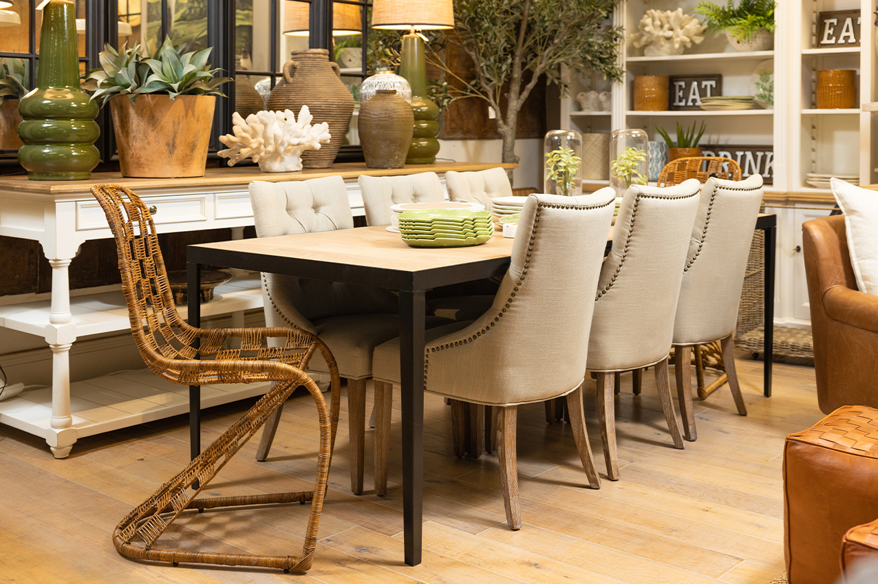 Classic Dining Room with Plush Dining Chairs and Rattan Accent Chair 