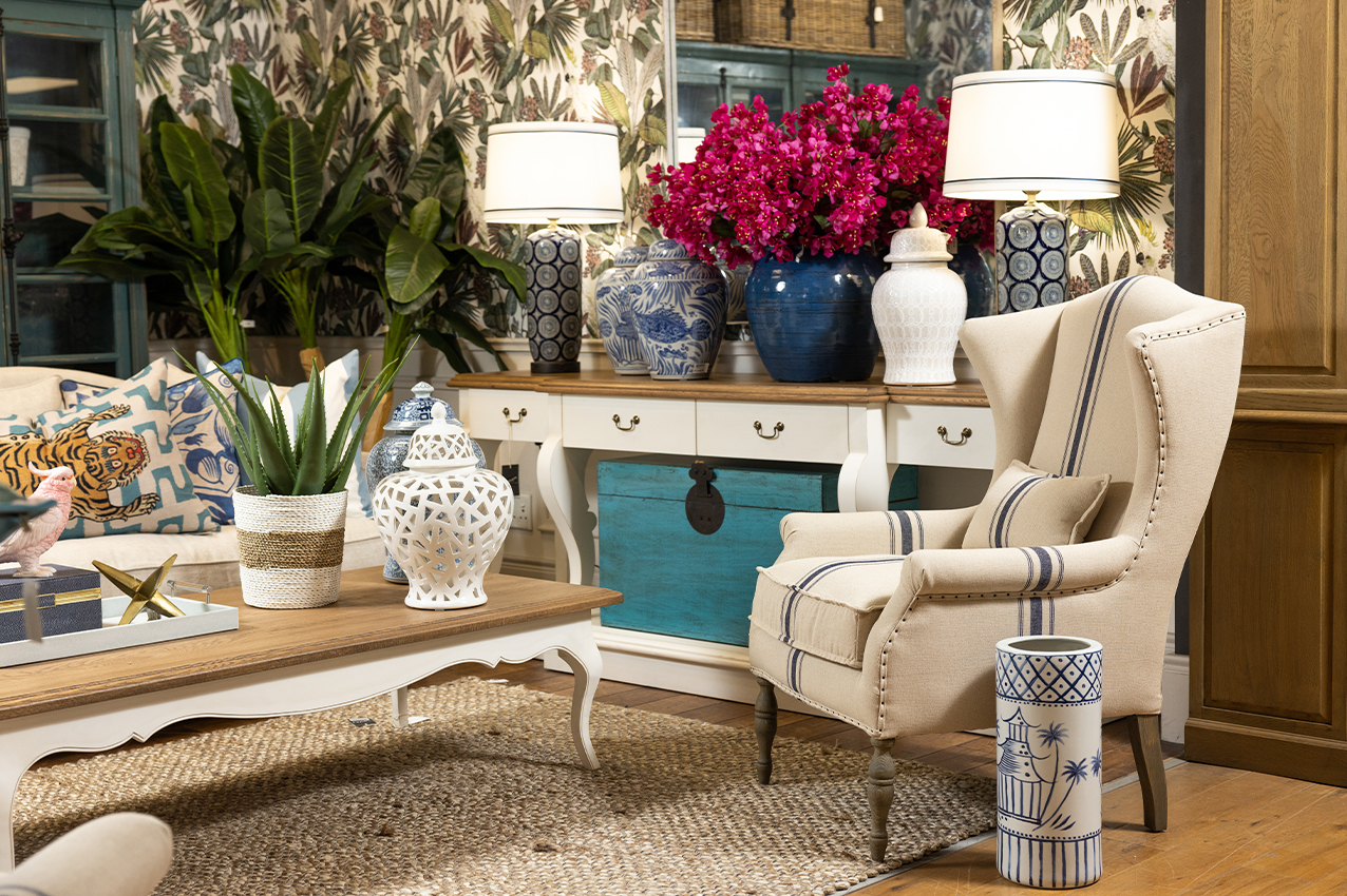 Coastal Lounge with Linen Wingback Chair and Printed Scatter Cushions 