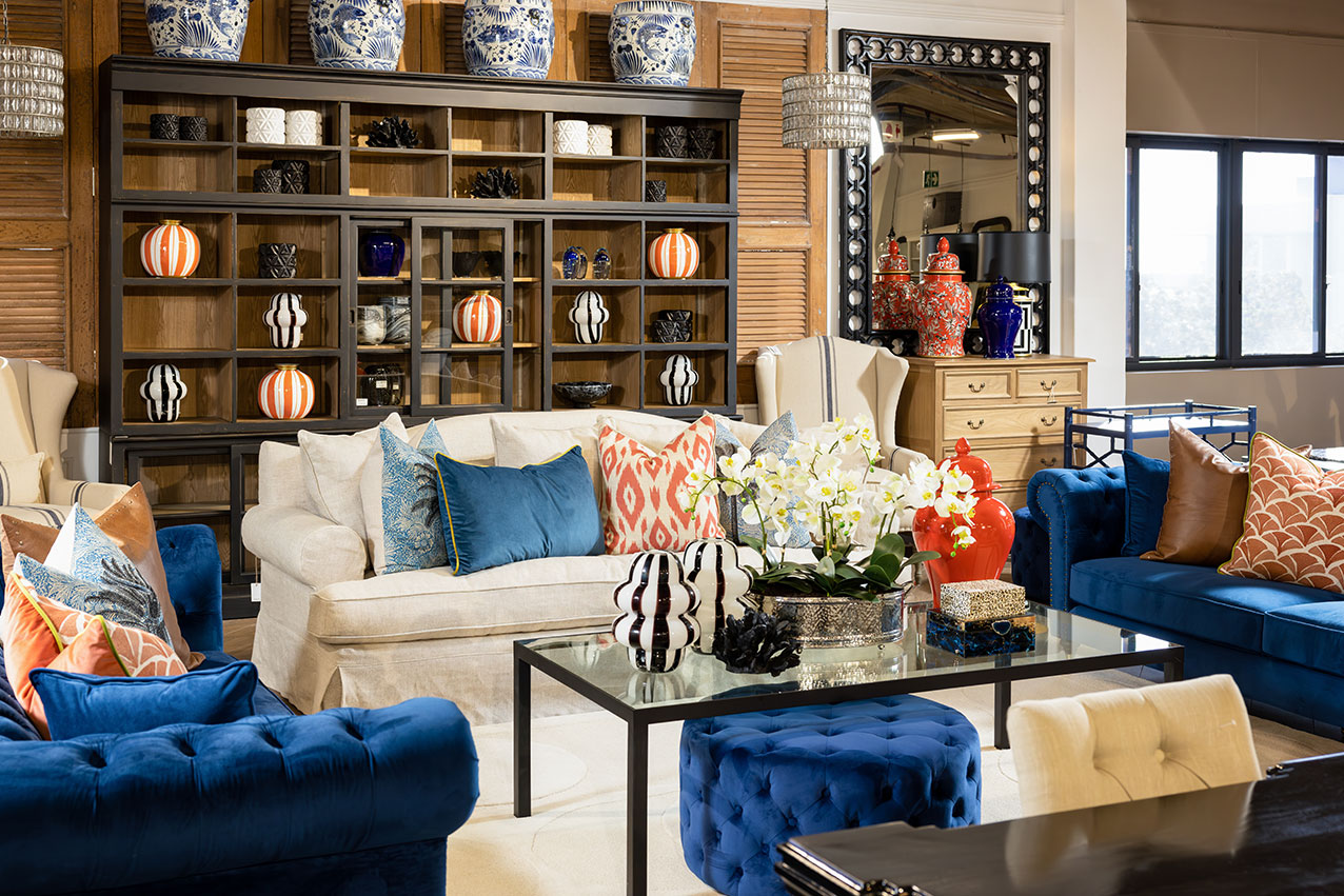 bold blue and red living room