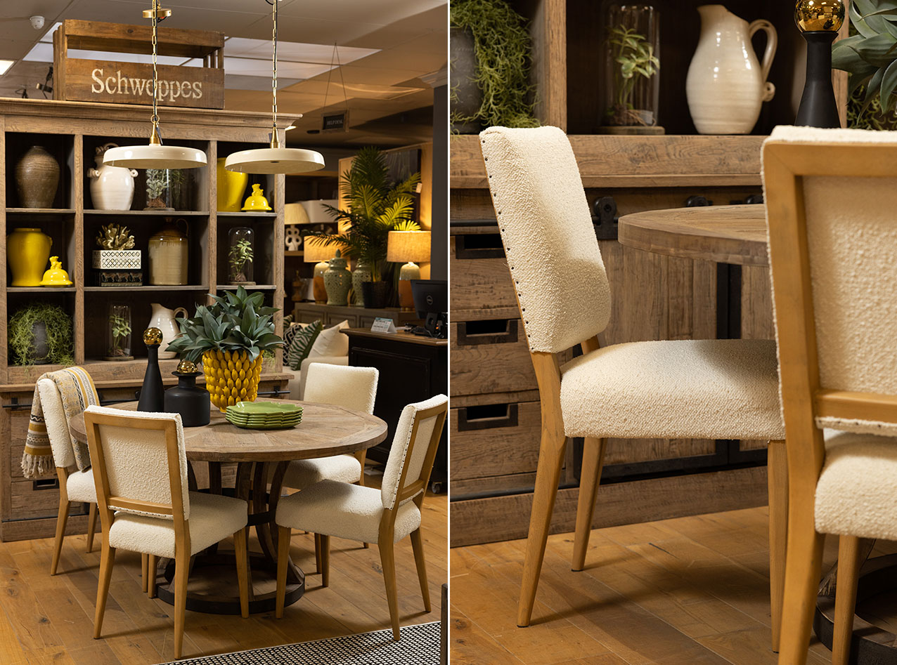 The solid wood cabinet and table with a rustic feel combine with the warm texture of the Boucle chairs