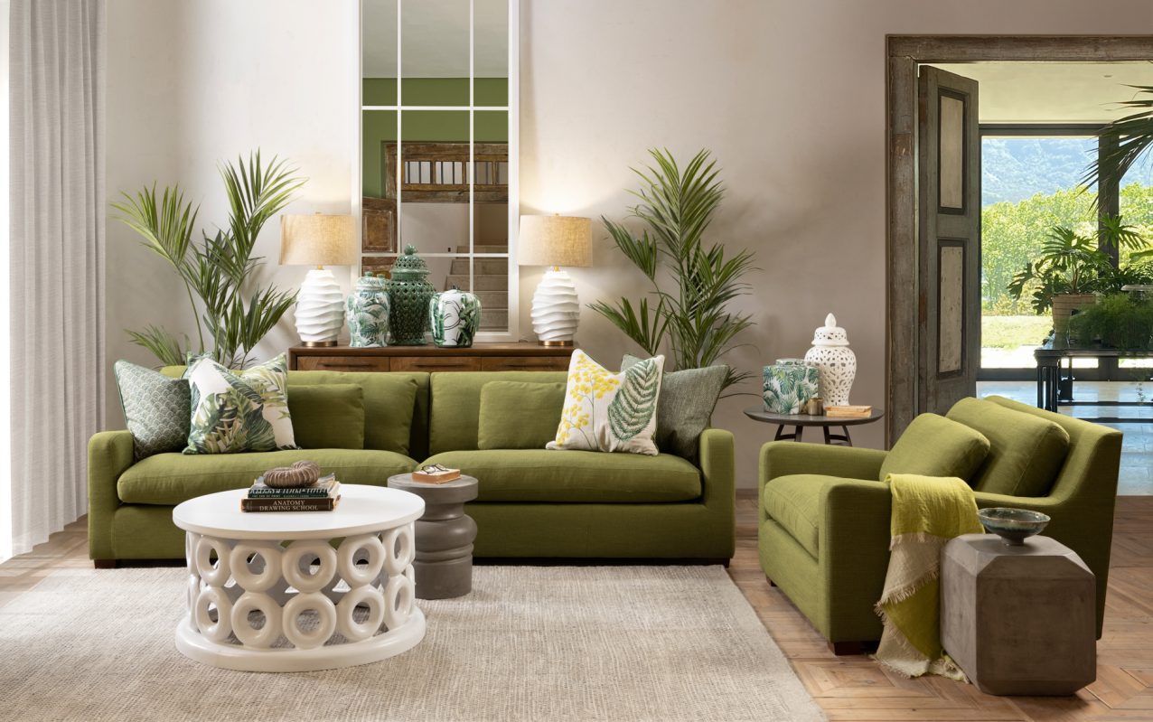 Green sofas in a contemporary living room
