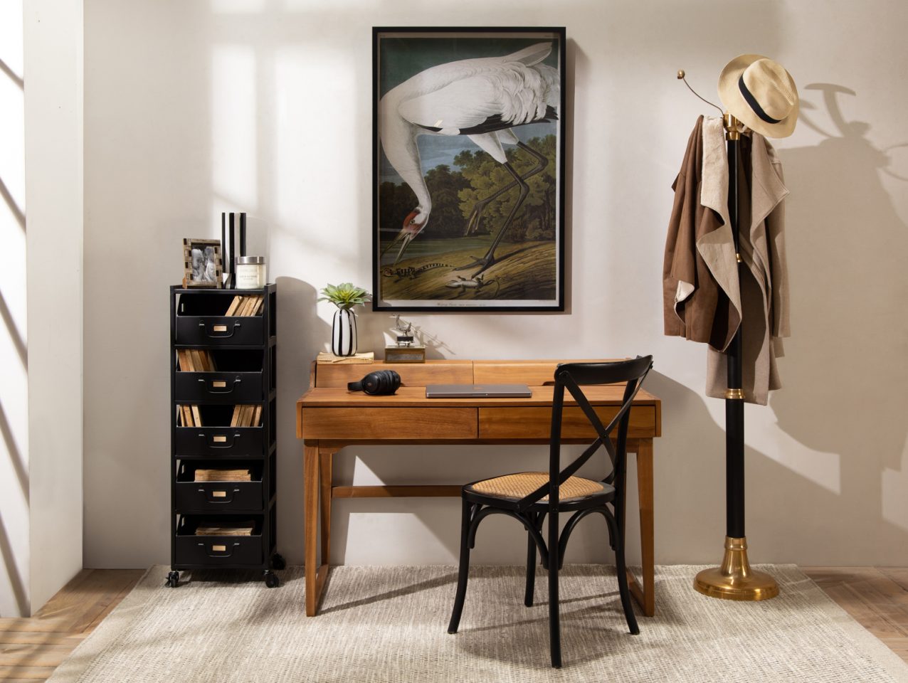 industrial chic home office with teak desk and metal filing cabinet