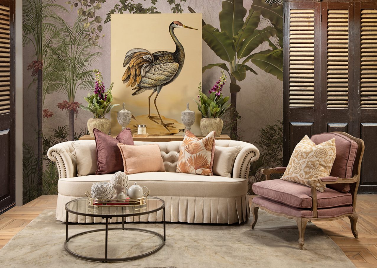 boudoir, sofa, french, pink chair, bird art