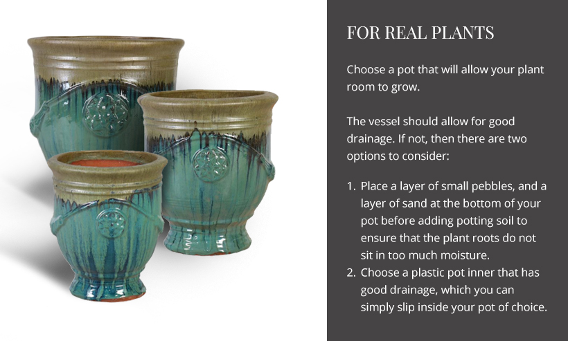Choose a pot that will allow your plant room to grow.   Your pots should allow for good drainage. If not, then there are two options to consider:  Place a layer of small pebbles, and a layer of sand at the bottom of your pot before adding potting soil to ensure that the plant roots do not sit in too much moisture.  Choose a plastic pot inner that has good drainage and which you can simply slip inside your pot of choice. 