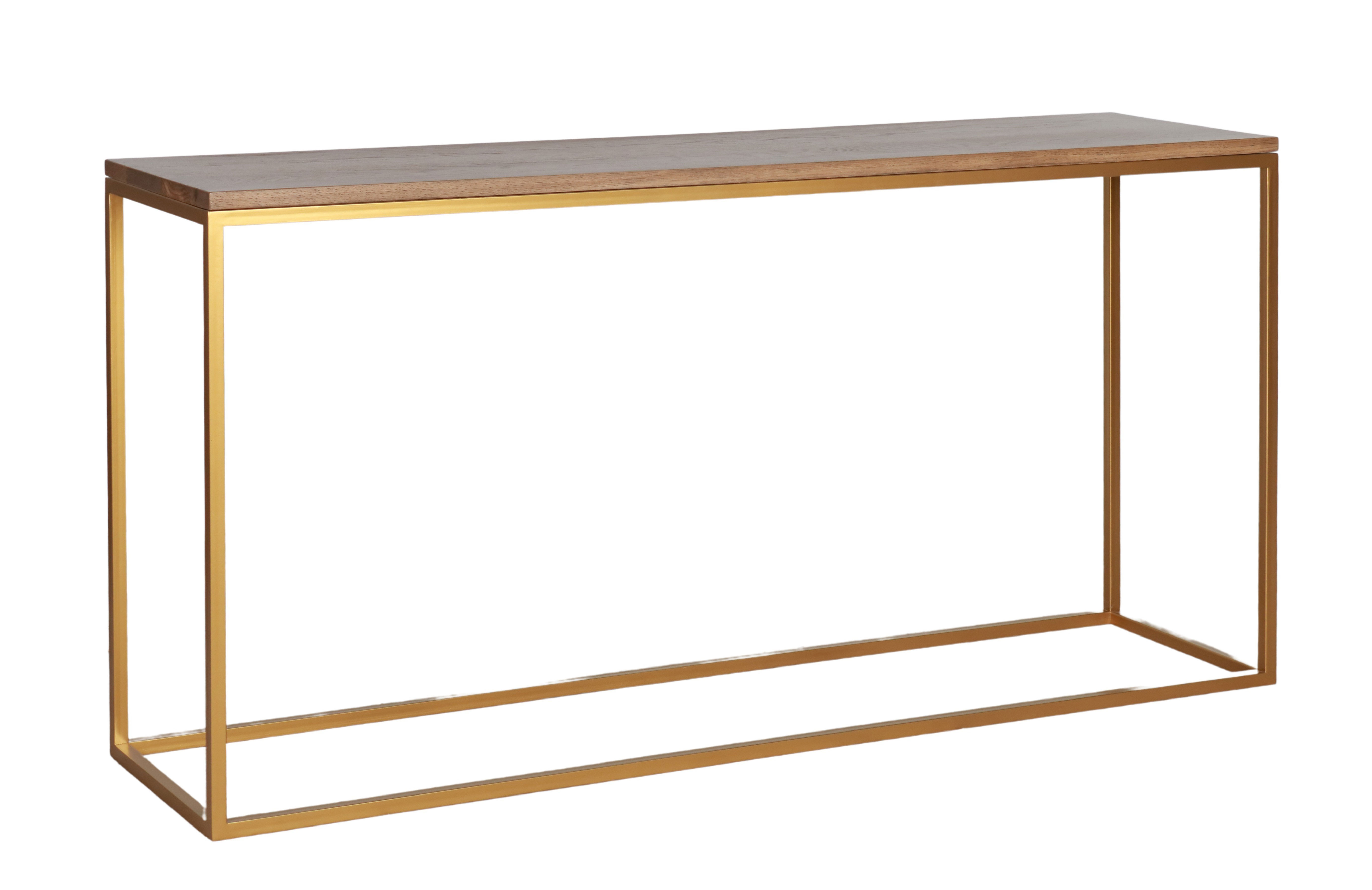 Lillian console with gold metal base and antique weathered oak top