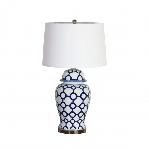blue and white ceramic base lamp with white shade 