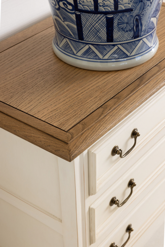 FPS 3 drawer bedside pedestal in antique white and weathered oak finish.
