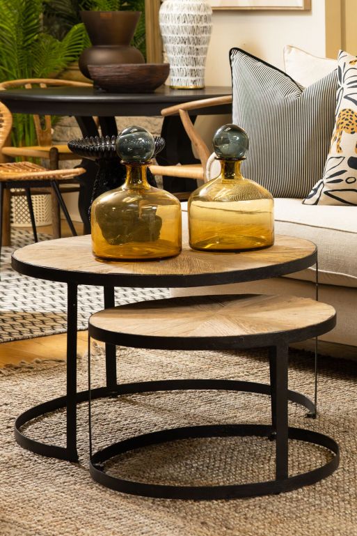 Block & Chisel round reclaimed wood nesting tables with iron base