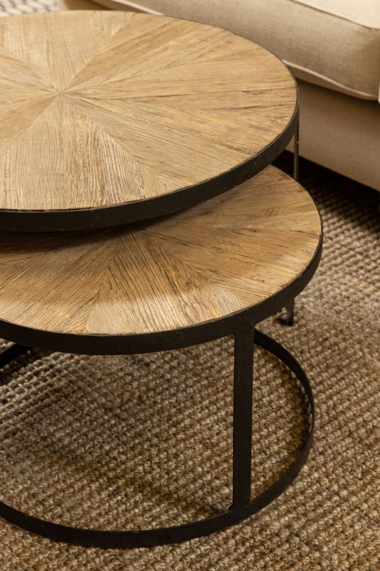 Block & Chisel round reclaimed wood nesting tables with iron base