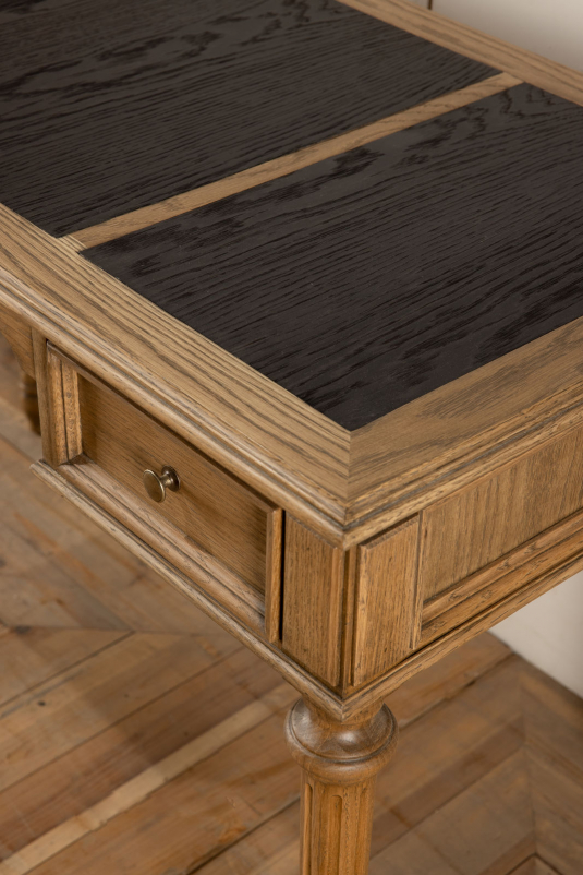 Block and chisel solid weathered oak desk with black inlay