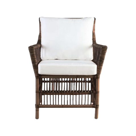 Block & Chisel rattan armchair with white cushions