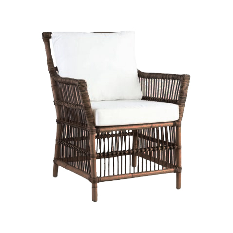 Block & Chisel rattan armchair with white cushions