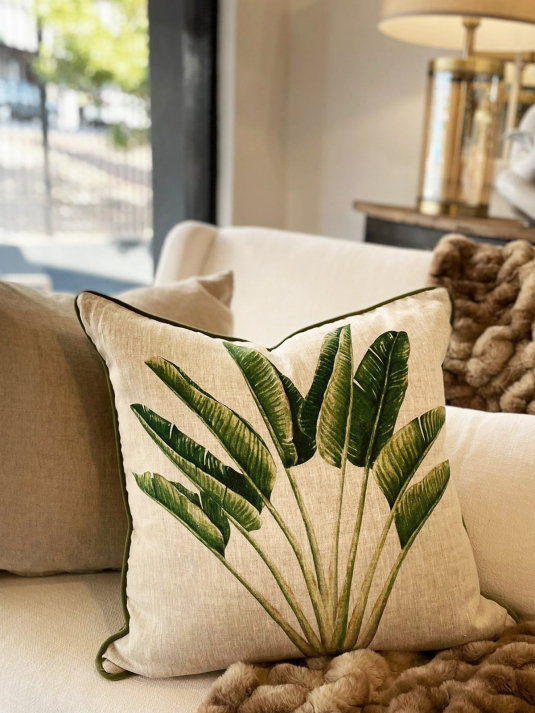 Hillhouse scatter cushion banana leaf fan on linen