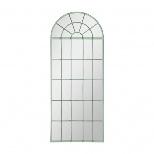 green metal arched standing mirror 