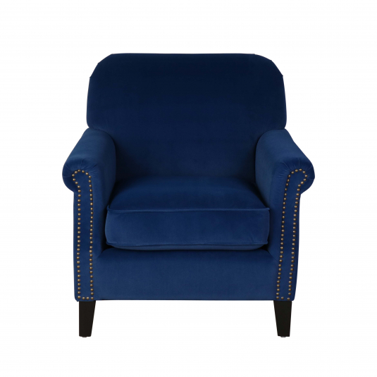 fully upholstered armchair in blue velvet with stud detail