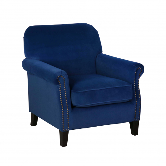 fully upholstered armchair in blue velvet with stud detail