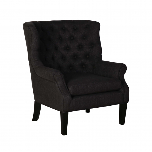 charcoal upholstered chair with deep buttoned back