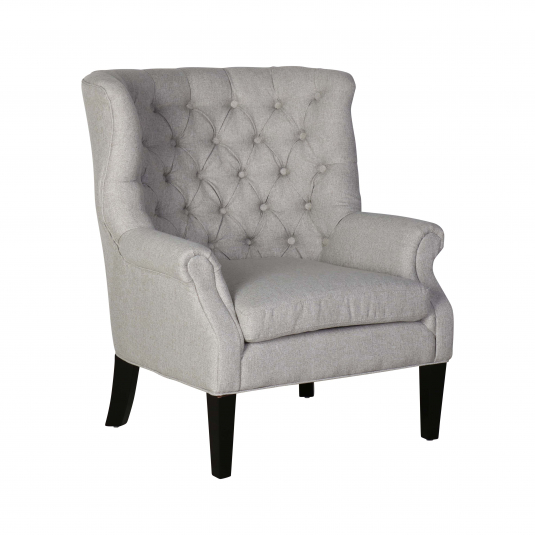 grey upholstered high back buttoned armchair