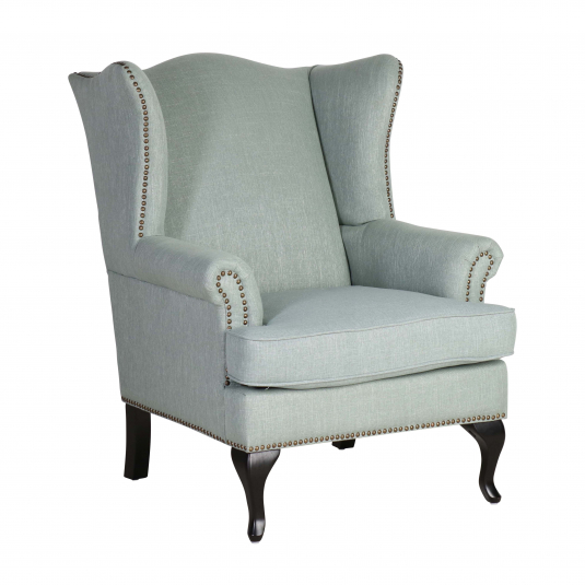 Block & Chisel natural duck egg linen upholstered wingback chair with rubber wood legs
