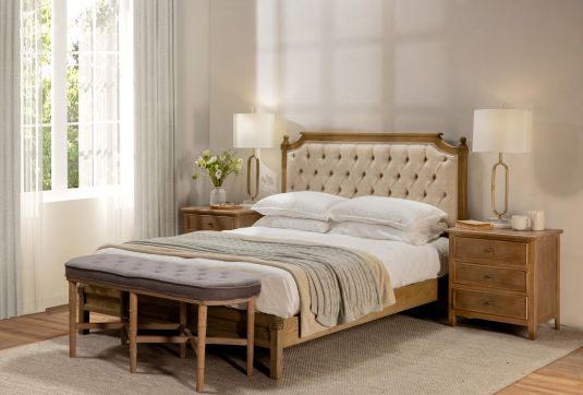 Grey tufted bed end with 6 legs