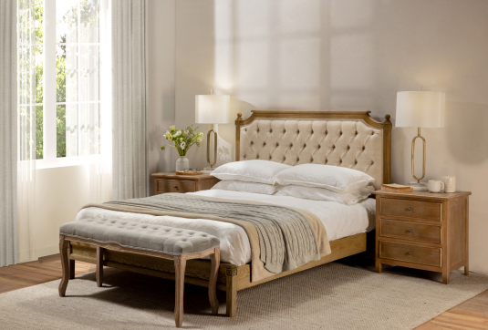 block and chisel full bed with button detail and oak frame