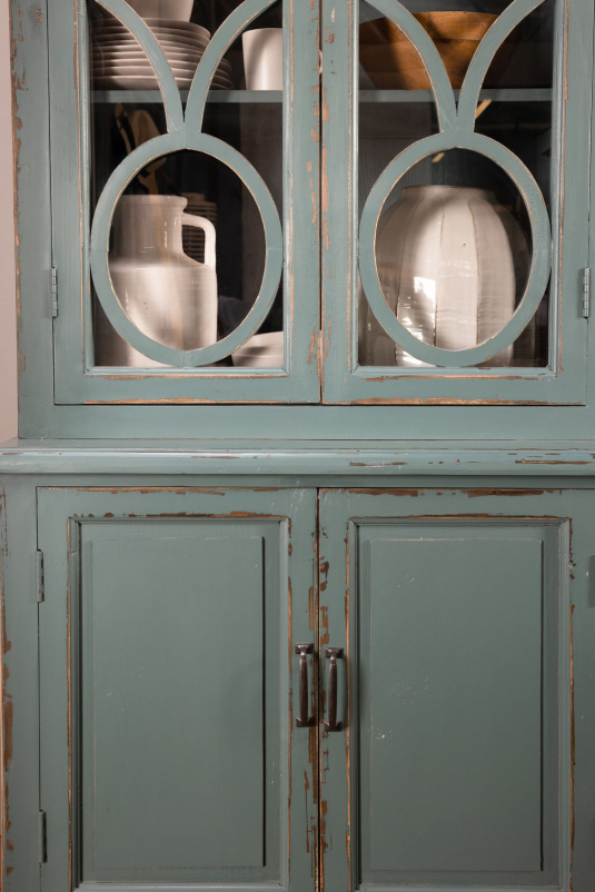 blue green distressed display cabinet with glass doors 