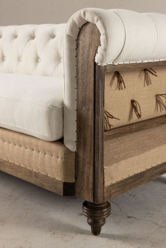 deconstructed chesterfield style sofa with wooden frame