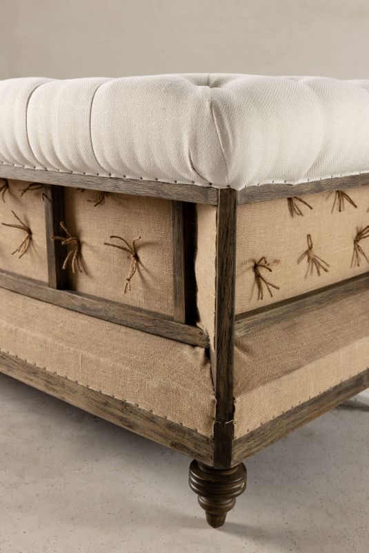 deconstructed chesterfield style sofa with wooden frame