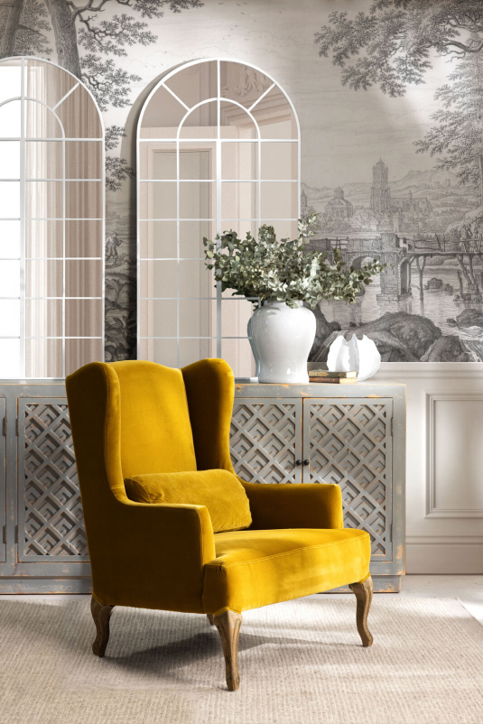 gold velvet wingack chair with oak legs Château collection