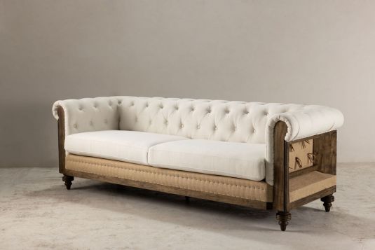 deconstructed chesterfield style sofa with wooden frame