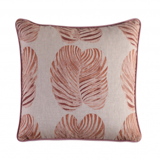 Hillhouse scatter cushion pink Monster leaf on linen
