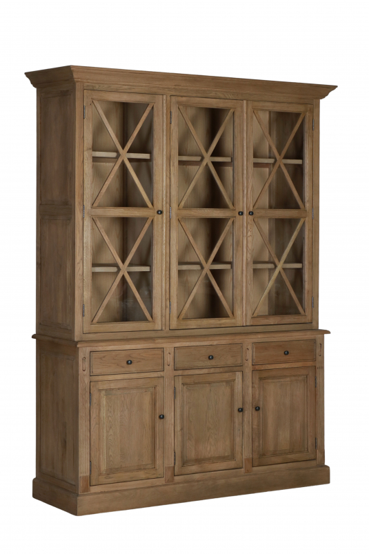 Oak display cabinet with 3 glass doors and drawers