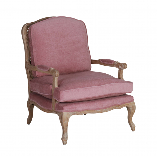 French style armchair in pink velvet with rattan back