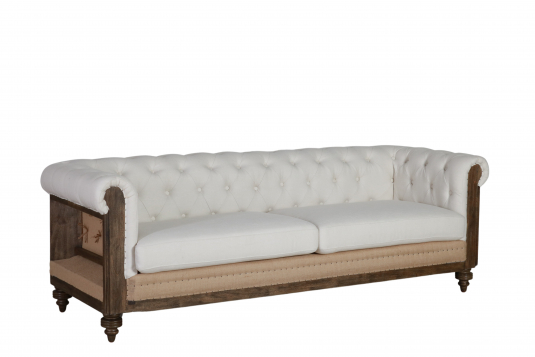deconstructed chesterfield style sofa with wooden frame