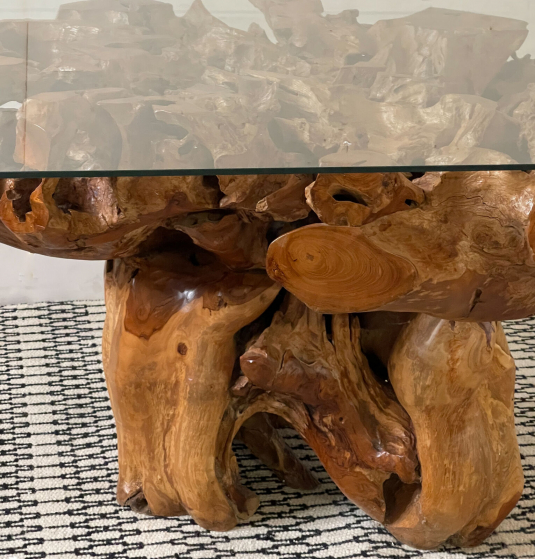 Block & Chisel teak root dining table with square glass top